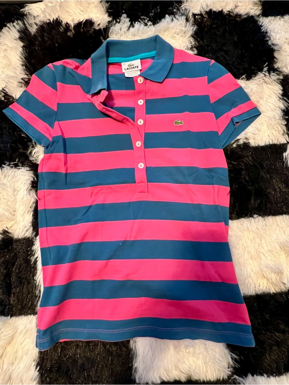 Lacoste Women's Pink and Blue Striped Polo